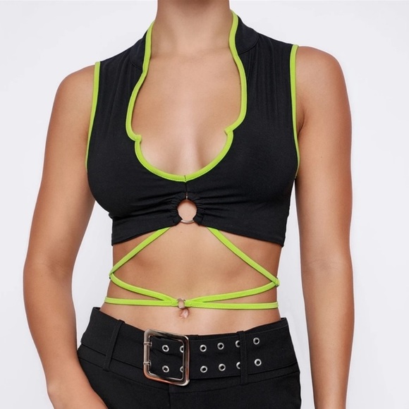 I AM GIA NEON GREEN AND BLACK TIE TOP